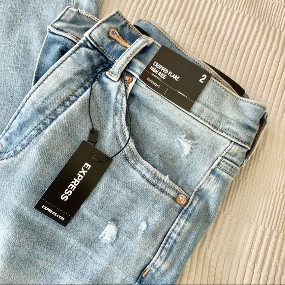 | express • distressed cropped flare hi rise denim jeans | - Picture 8 of 14